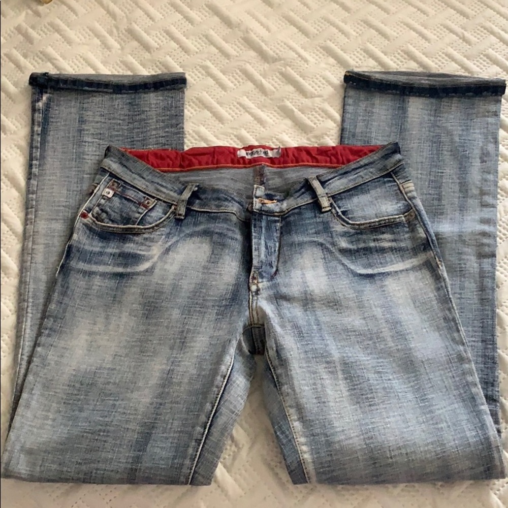 Indigo red washed‎ faded bootcut jeans